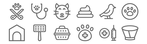 conjunto de 12 ícones veterinários. delinear ícones de linha fina, tais como colar elizabethan, veterinário, escova de animais de estimação, pássaro, gato, estetoscópio
 - Vetor, Imagem