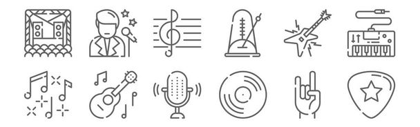 набор из 12 музыкальных икон. контур тонкой линии иконы, такие как медиатор, винил, ukelele, электрогитара, скрипучий клюв, певец
 - Вектор,изображение