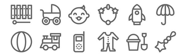 set of 12 baby icons. outline thin line icons such as rattle, pijama, train, rocket, baby, trolley - Vector, Image