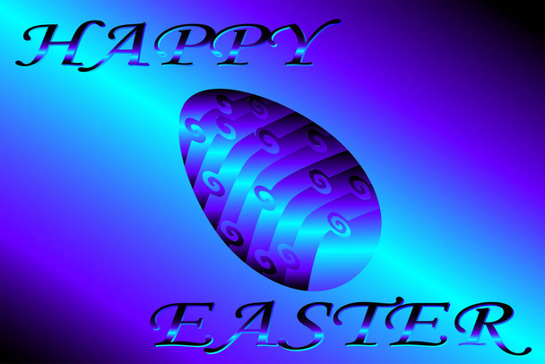 Easter card with a picture of a flying metal Easter egg with curls in a ray of light in blue shades and the inscription "Happy Easter" - Фото, зображення