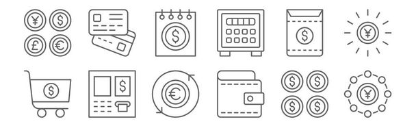 set of 12 money icons. outline thin line icons such as yen, wallet, money, invoice, invoice, cit card - Vector, Image