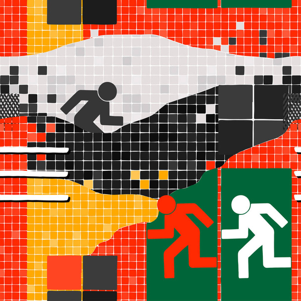 Αφηρημένο μοτίβο των ζωντανών πλακιδίων resquare και γεωμετρικά σημάδια άνθρωπος τρέχει - Διάνυσμα, εικόνα