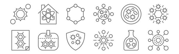 ensemble de 12 icônes scientifiques. dessiner des icônes de ligne mince telles que cellule, moléculaire, id, germes, atomes, laboratoire
 - Vecteur, image