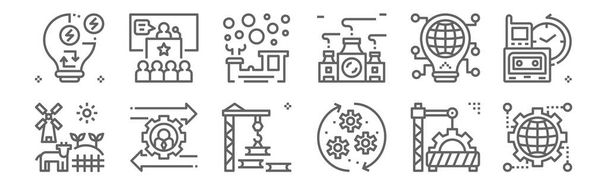 set of 12 industrial revolution icons. outline thin line icons such as engineering, engine, change, technology, train, political - Vector, Image
