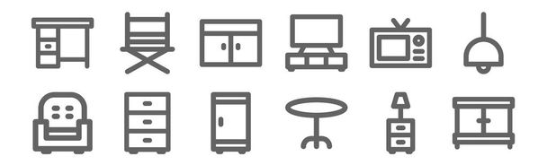 ensemble de 12 meubles décoration maison icônes. contour des icônes de ligne mince tels que les tiroirs, table ronde, placard, télévision, tiroirs, chaise de directeur
 - Vecteur, image