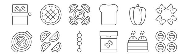 conjunto de 12 iconos de alimentos. perfilar iconos de línea delgada como sushi, pasta, lima, pimienta, fruta, pastel
 - Vector, imagen