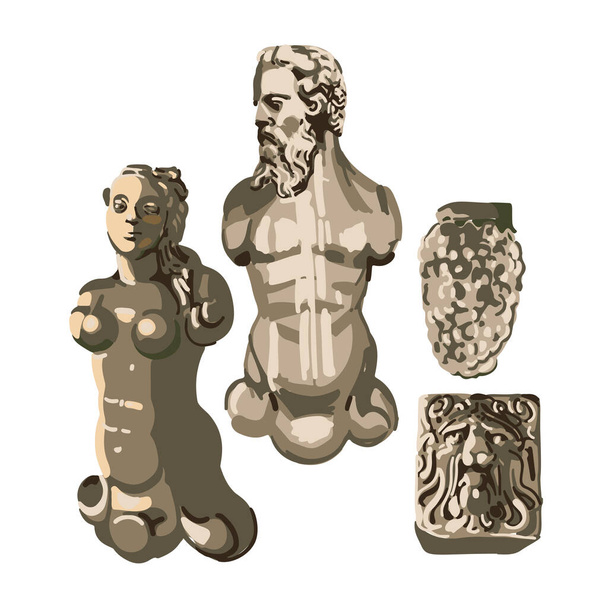 Kolekcja starożytnych posągów muskularnego mężczyzny z brodą, piękną kobietą i warczącymi głowami lwów - Wektor, obraz