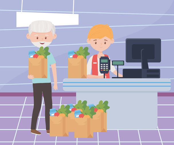 öreg ember sok élelmiszeripari papírzacskók vár fizetni pénztárgépben felesleges vásárlás - Vektor, kép