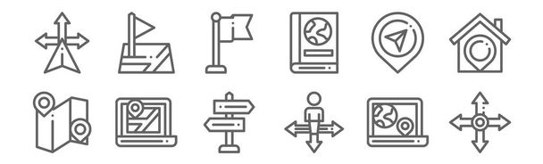 Set von 12 Symbolen für Navigationskarten. dünne Linien-Symbole wie Wegbeschreibung, Wegbeschreibung, Karte, Standort, Flagge, Flagge umreißen - Vektor, Bild