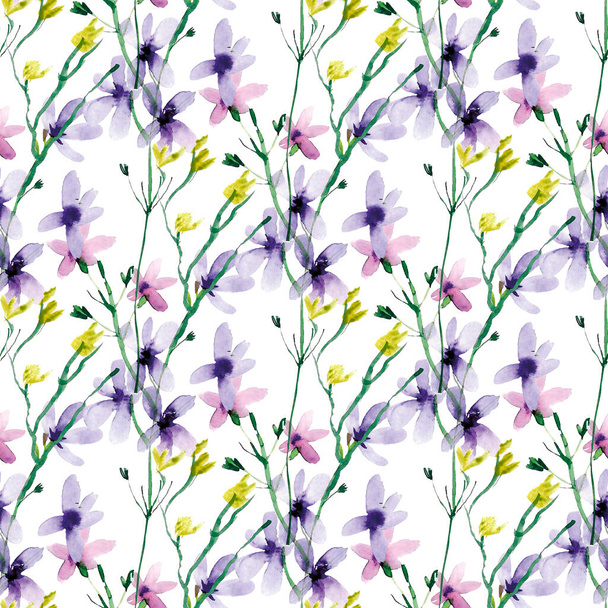 Watercolor seamless pattern with camomile flower and wild flower. Summer background, illustration. Purple, yellow, textiles, watercolors - Φωτογραφία, εικόνα