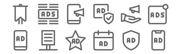 set of 12 advertising icons. outline thin line icons such as ads, ads, poster, advertising, broadcast, ads - Vector, Image