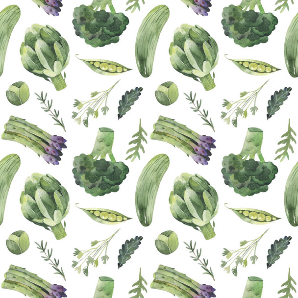 Seamless pattern on a white background, watercolor green vegetables illustrations. - Foto, Imagem