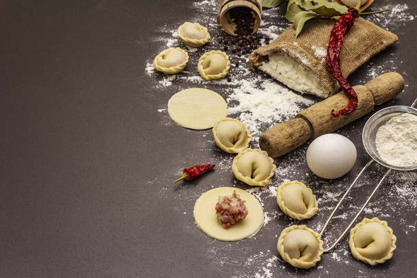 Composition with raw dumplings and ingredients on trendy black stone concrete background. Process of cooking, fresh products - Fotografie, Obrázek