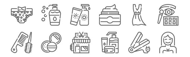 12 szépségápolási ikonból álló készlet. vázlat vékony vonal ikonok, mint a nő, bőrápoló, por, ruha, naptejszín, szappanos üveg - Vektor, kép