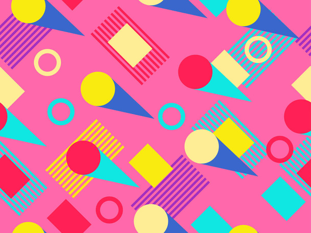Seamless pattern in the style of the 80s and 90s with geometric shapes and memphis elements. Μοντέρνο πολύχρωμο ρετρό φόντο για διαφημιστικά προϊόντα, χαρτί περιτυλίγματος και εκτύπωση. Εικονογράφηση διανύσματος - Διάνυσμα, εικόνα