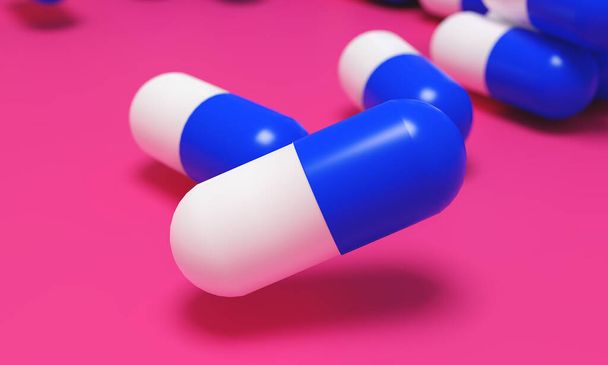 カプセル薬、健康薬局の概念。治療薬の薬。ピンクの背景に青白のカプセルのヒープ。3Dイラスト - 写真・画像