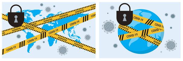 Il virus COVID-19 blocca il nastro adesivo su un mondo. Pandemia di coronavirus, illustrazione vettoriale illustrazione stock
 - Vettoriali, immagini