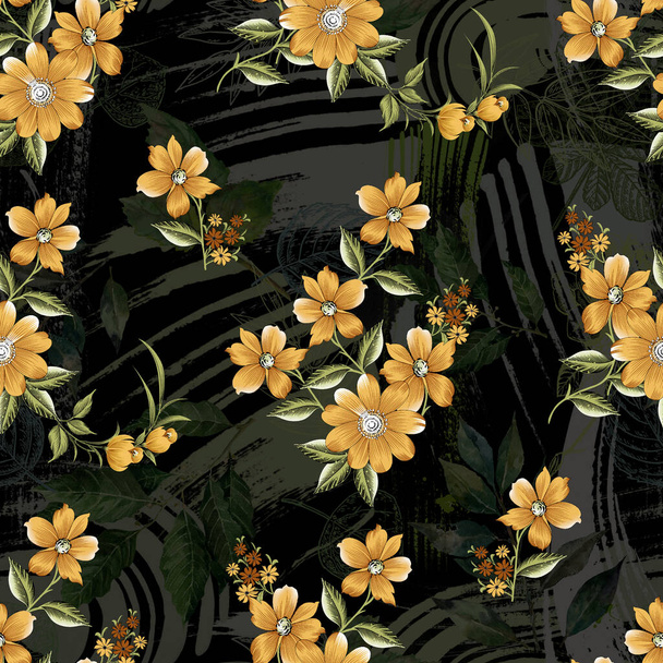 黒の背景を持つ古典的なヴィンテージシームレスな花のパターン。、シームレスなパターン、背景テクスチャ、花のパターン、抽象的な幾何学的背景、ヴィンテージの花のパターン、オーバーパターン上の美しいデザイン - 写真・画像