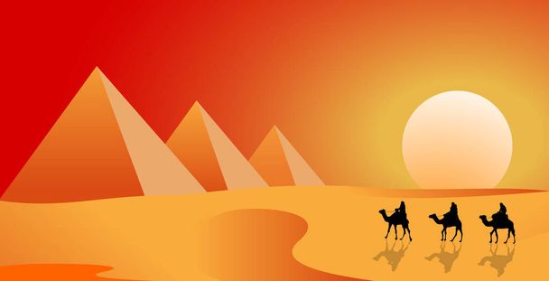 Kamelkarawane folgt in der Wüste vor dem Hintergrund eines sonnigen Sonnenuntergangs. Die Pyramiden. Sandwüste. - Vektor, Bild