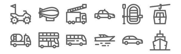 Set von 12 Fahrzeugen und Transport-Symbolen. Umriss dünne Linien Symbole wie Kreuzfahrt, Boot, Doppeldeckerbus, Schlauchboot, Feuerwehrauto, Zeppelin - Vektor, Bild