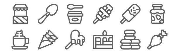 conjunto de 12 iconos de heladería. esbozar iconos de línea delgada como bolsa de pastelería, pastel, helado, helado, cucharada
 - Vector, imagen