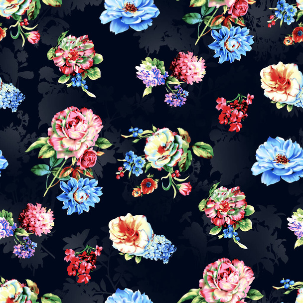 floral colorful seamless pattern with background.seamless cute small watercolor flower with navy background,seamless pattern,background texture,floral pattern,abstract geometric background,vintage flower pattern,beautiful design on allover pattern - Zdjęcie, obraz