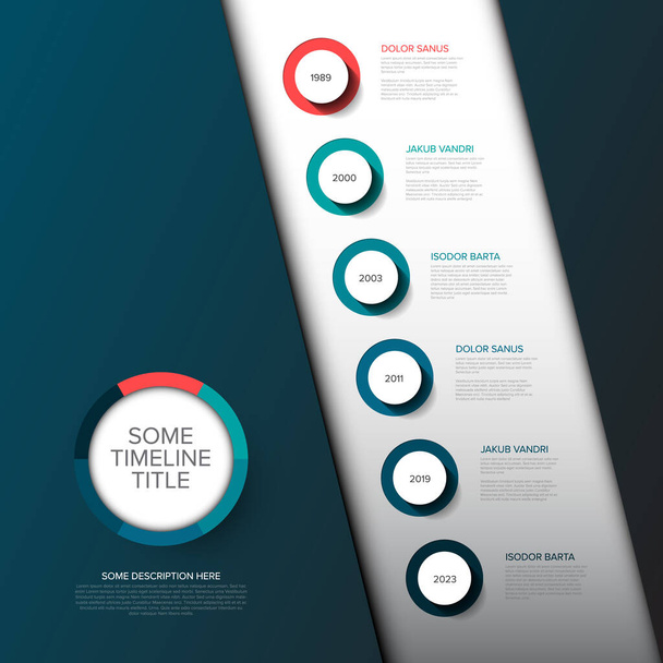 Vector Infographic timeline template with diagonal line, circle buttons with shadow and various descriptions - teal and red color version - Vector, Image