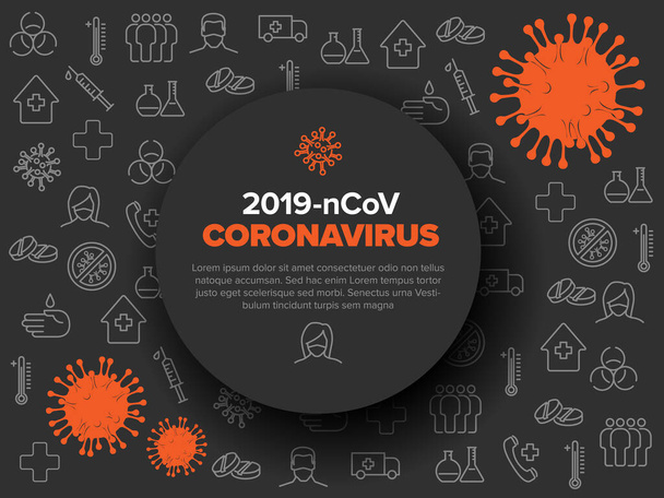 Шаблон векторного флаера с иллюстрацией коронавируса, иконками и местом для информации - черно-красная версия
 - Вектор,изображение