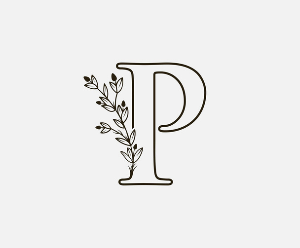 Vintage Floral Letter P Logo. P Letter Design Vector with Black Color and Floral Hand Drawn. - Вектор,изображение