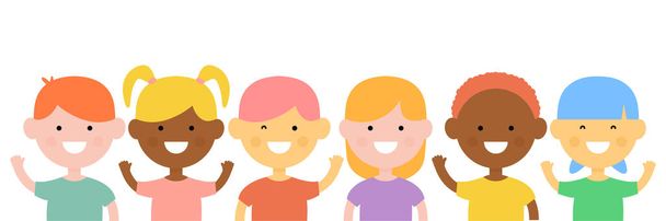 Grupo de niñas y niños multiétnicos en diseño plano. Feliz Día de los Niños. Dibujos animados personajes vector ilustración aislado en blanco
 - Vector, imagen