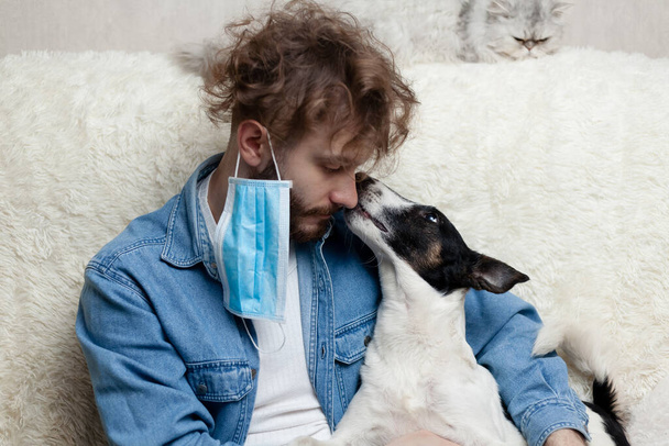 Un uomo con il suo animale domestico è seduto su un divano a casa. Coronavirus da quarantena
. - Foto, immagini