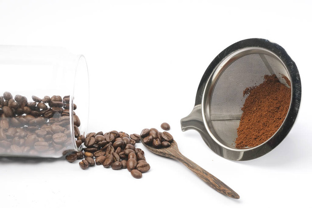 Coffee Beans And Ground Coffee on white background - Foto, immagini