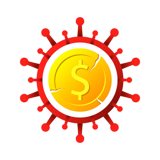 Coronavirus avec pièce de monnaie fissurée en dollars comme concept de crise financière, récession économique, dépression ou effondrement
 - Vecteur, image