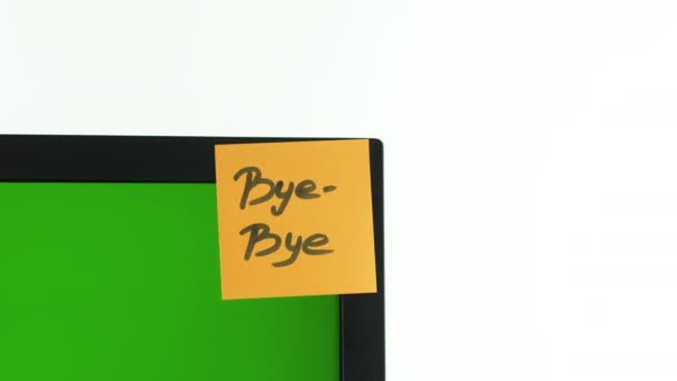 "Αυτοκόλλητο "Bye-Bye" στον υπολογιστή, χρωματικό κλειδί. Λευκό φόντο. Αντιγραφή χώρου. Επικοινωνία - Πλάνα, βίντεο