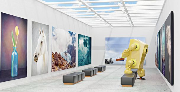 Duvarında tuval olan bir sanat galerisini ziyaret eden bir robot, 3 boyutlu illüstrasyon. - Fotoğraf, Görsel