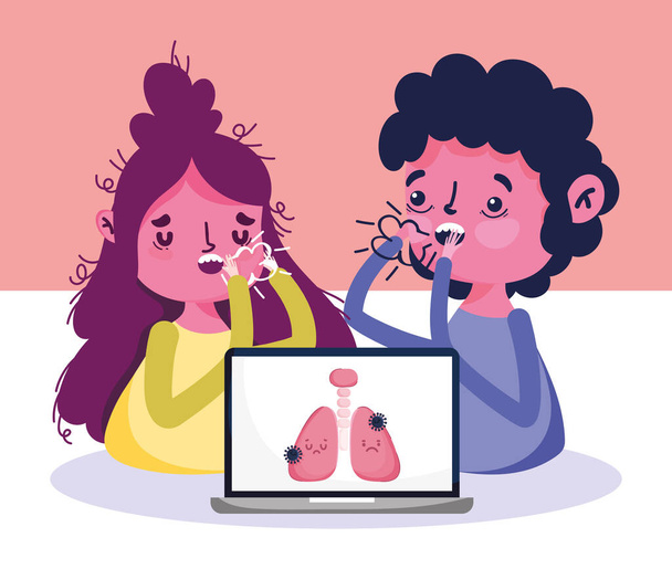 médico on-line, pacientes com tosse febre e laptop doença pneumonia covid 19
 - Vetor, Imagem