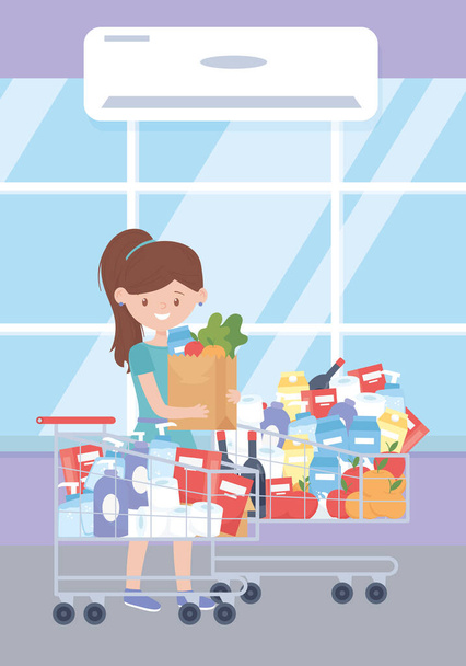 χαμογελαστή γυναίκα πελάτη με χάρτινη τσάντα και καρότσια γεμισμένα εμπορεύματα τροφίμων περίσσεια αγορά - Διάνυσμα, εικόνα