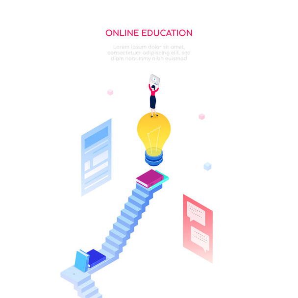 オンライン教育の概念-現代のアイソメトリックベクターウェブバナー - ベクター画像