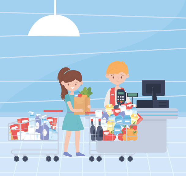customer with carts and bag full food cleaning products excess purchase - Vector, Image
