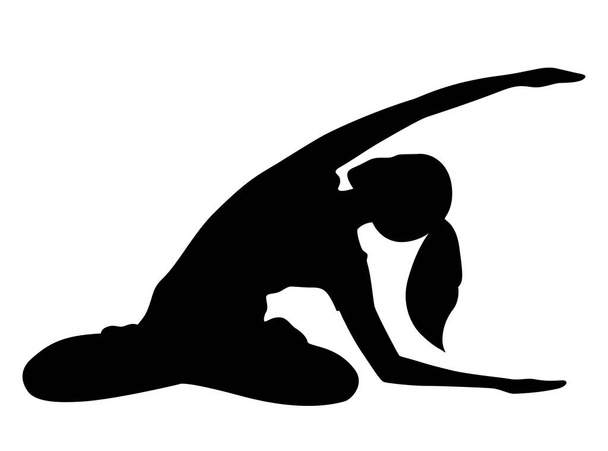 Mujer joven haciendo ejercicio al aire libre y estirándose en posición de loto. Silueta en blanco y negro
. - Vector, imagen