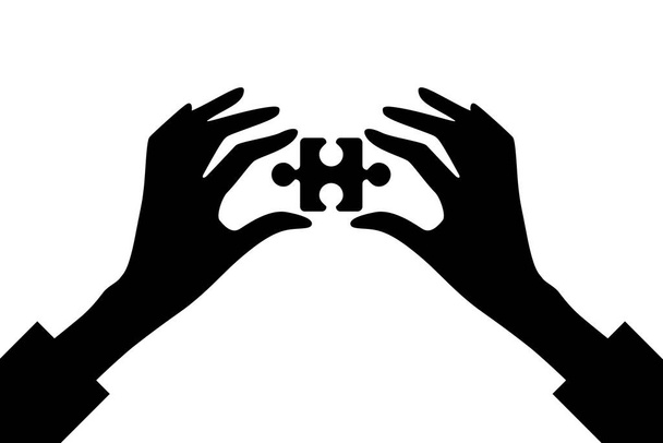 Close-up das mãos das mulheres segurando uma peça de quebra-cabeça. Silhueta em preto e branco
. - Vetor, Imagem