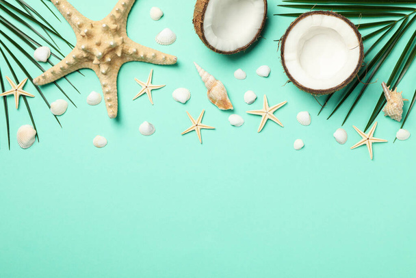 Palm branches, starfishes and coconut on mint background, space for text - 写真・画像