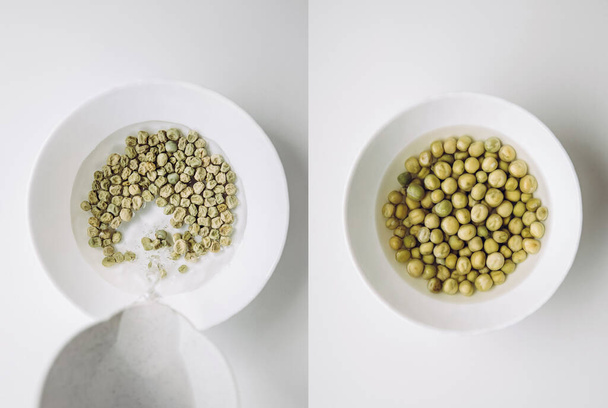 庭に植えるときに発芽プロセスを固定するためにボウルに暖かい水に緑のエンドウ豆の種を浸します。右に一晩浸した後に左に浸漬する前に. - 写真・画像
