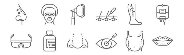 Set von 12 Ikonen der plastischen Chirurgie. umreißen dünne Linien Symbole wie Lippen, Augen, Pillen, Venen, Anästhesie, Frau - Vektor, Bild