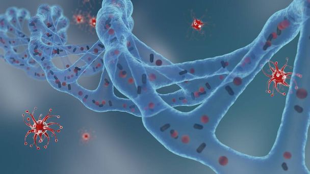 3D-Rendering eines DNA-Moleküls mit vielen Bakterien, Viren in der Umwelt. Medizinischer Hintergrund, die Vorstellung einer Gefährdung des Körpers durch das Covid-19-Virus. Illustration für medizinische Zusammensetzungen. - Foto, Bild