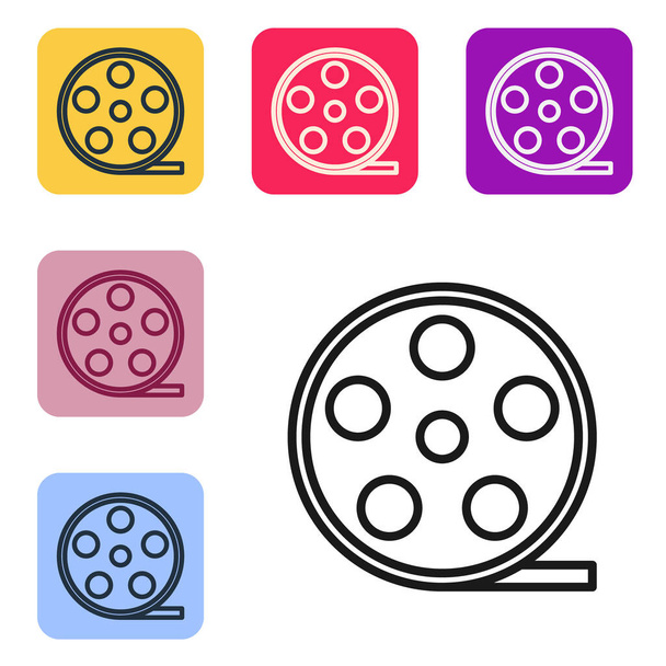Línea negra Icono de carrete de película aislado sobre fondo blanco. Establecer iconos en botones cuadrados de color. Ilustración vectorial - Vector, Imagen