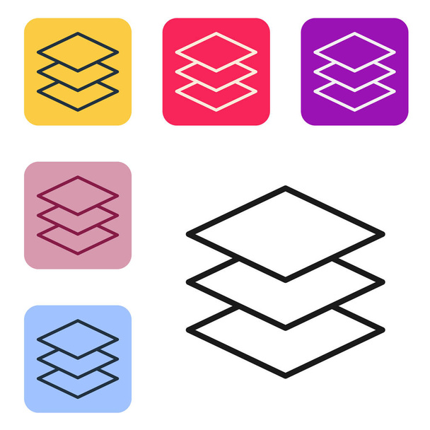 Schwarze Linie Ebenen-Symbol isoliert auf weißem Hintergrund. Setzen Sie Symbole in farbigen quadratischen Tasten. Vektorillustration - Vektor, Bild