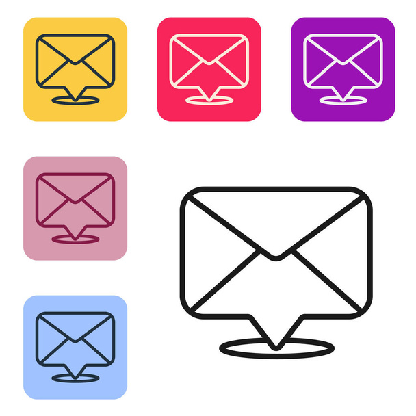 Czarna linia Koperta ikona izolowana na białym tle. Symbol listu e-mail. Zestaw ikon w kolorach kwadratowych przycisków. Ilustracja wektora - Wektor, obraz
