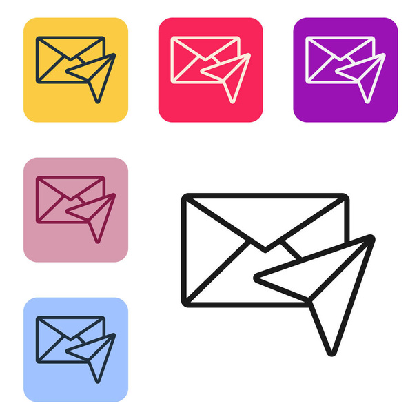 Černá čára Ikona obálky izolovaná na bílém pozadí. Symbol dopisu e-mailem. Nastavit ikony v barevných čtvercových tlačítcích. Vektorová ilustrace - Vektor, obrázek