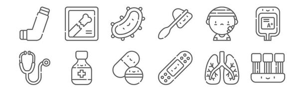 set of 12 medicine icons. outline thin line icons such as blood test, band aid, cough syrup, patient, bacteria, x ray - Vector, Image
